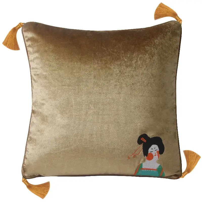 Square gold velvet cushion cover with embroidered tang dynasty geisha and tassels by DecorBites chinoiserie tang