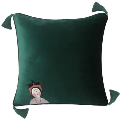 Deep emerald velvet decorbites chinoiserie tang dynasty cushion cover with embroidered traditional face and tassels for sofa