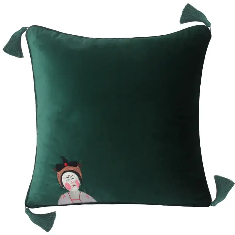 Deep emerald velvet decorbites chinoiserie tang dynasty cushion cover with embroidered traditional face and tassels for sofa