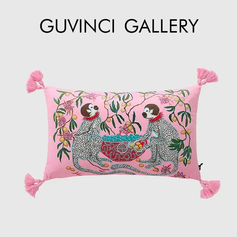 Pink rectangular decorbites chinoiserie velvet pillow cover with embroidered monkeys and pink tassels 30x50cm