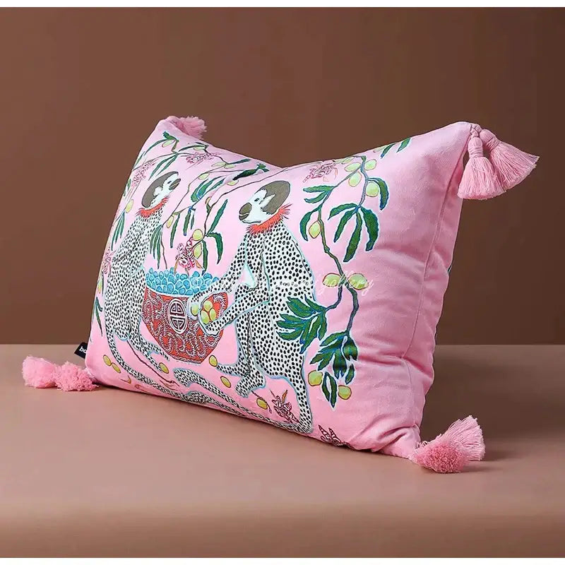Pink velvet pillow cover with embroidered spotted monkeys and tassels by decorbites chinoiserie velvet lumbar 30x50cm