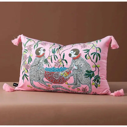 Pink velvet pillow cover with embroidered spotted monkeys and green foliage by decorbites chinoiserie velvet lumbar design