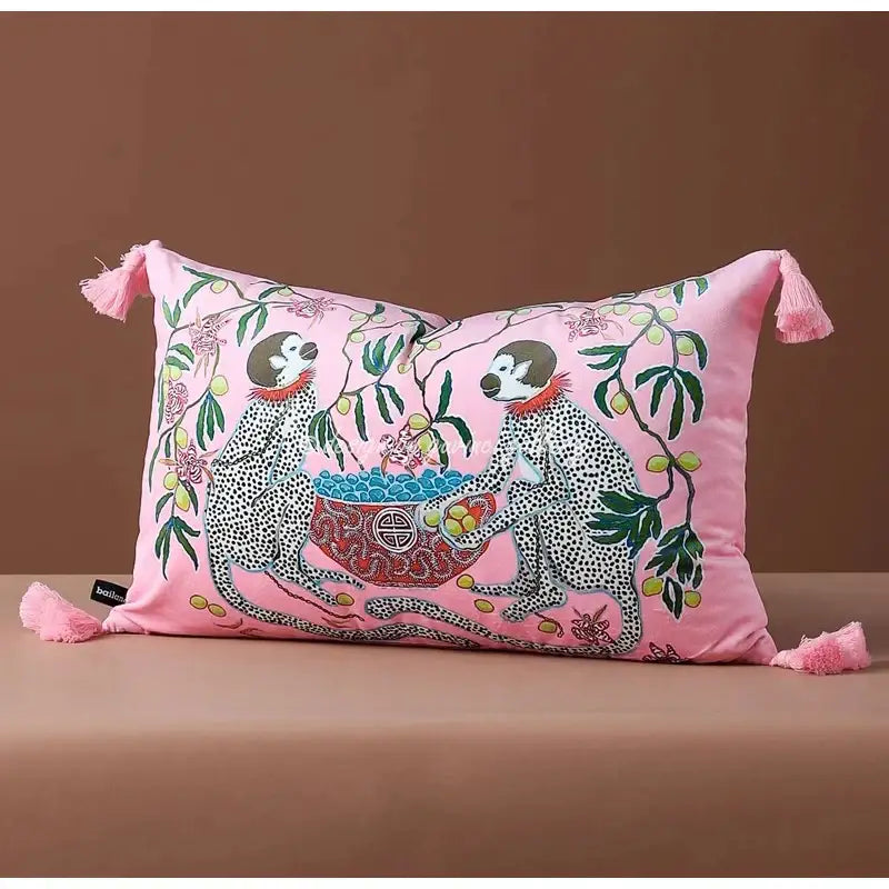 Pink velvet pillow cover with embroidered spotted monkeys and green foliage by decorbites chinoiserie velvet lumbar design