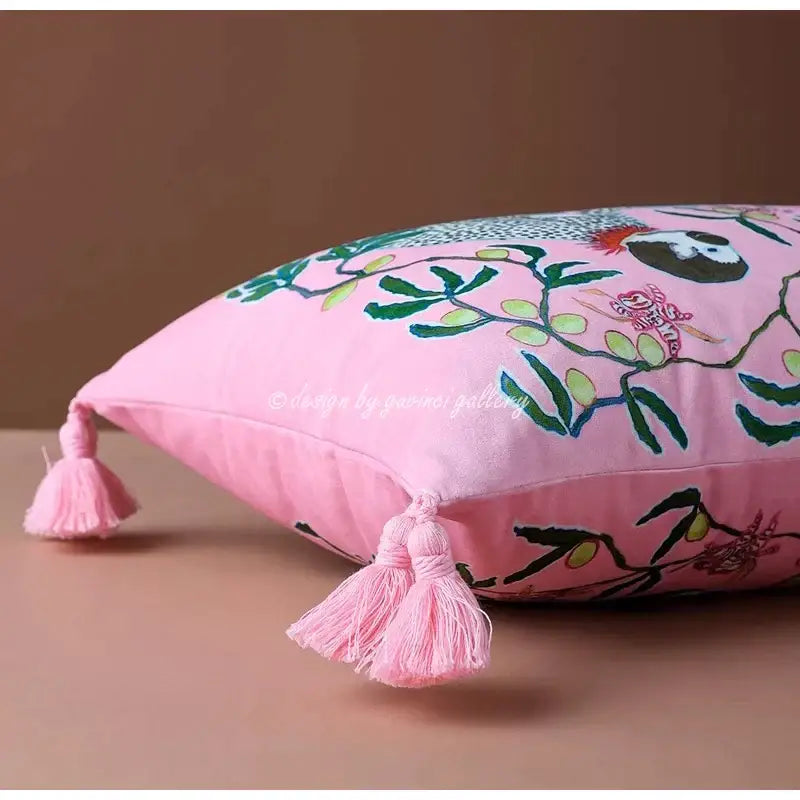 Pink pillow cover with embroidered birds and foliage featuring decorbites chinoiserie velvet lumbar design and tassels