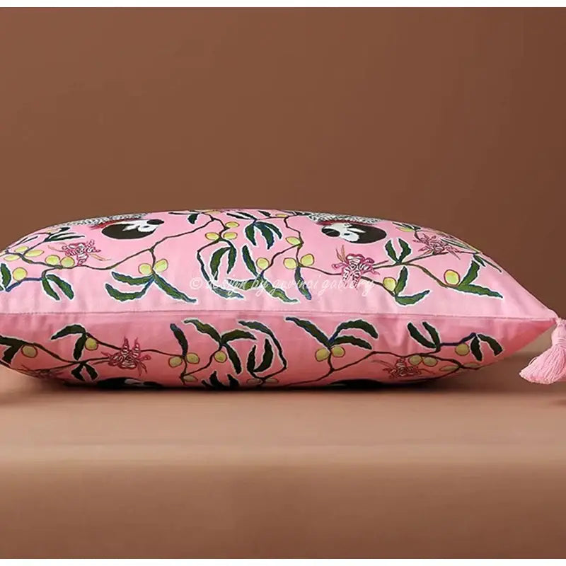 Pink satin DecorBites chinoiserie velvet lumbar pillow cover with embroidered floral olive branch pattern and tassel