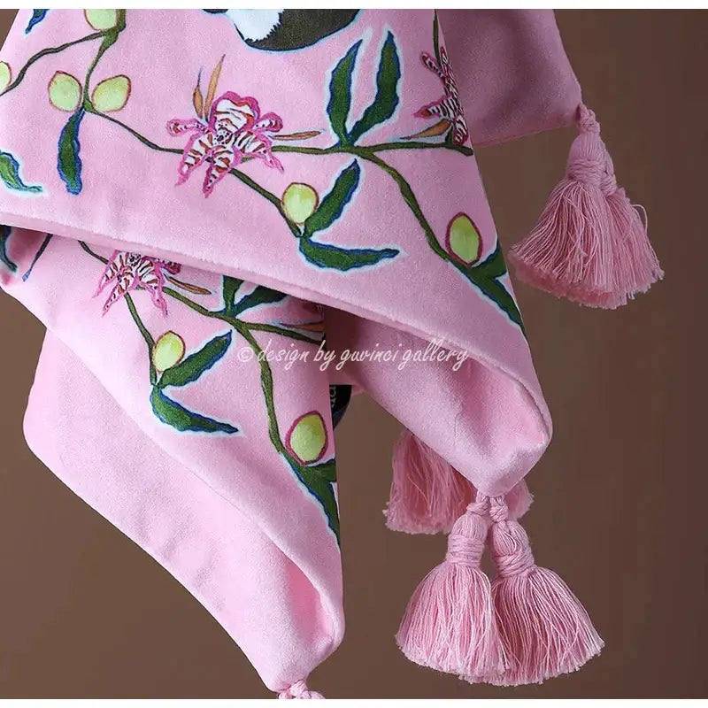 Soft pink velvet scarf with intricate embroidered floral patterns and tassels complements decorbites chinoiserie velvet lumbar pillow cover