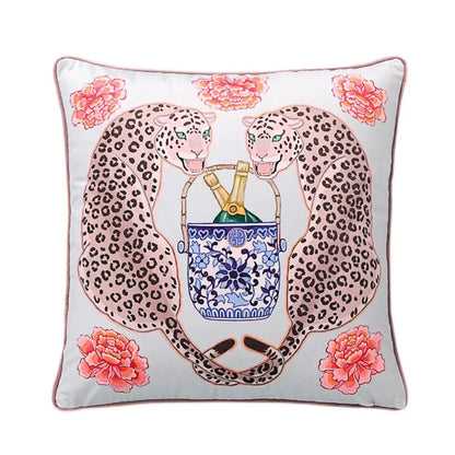Square light gray fabric cushion cover featuring pink leopard embroidery holding a porcelain ice bucket decorbites chinoiserie zebra peonies cushion cover