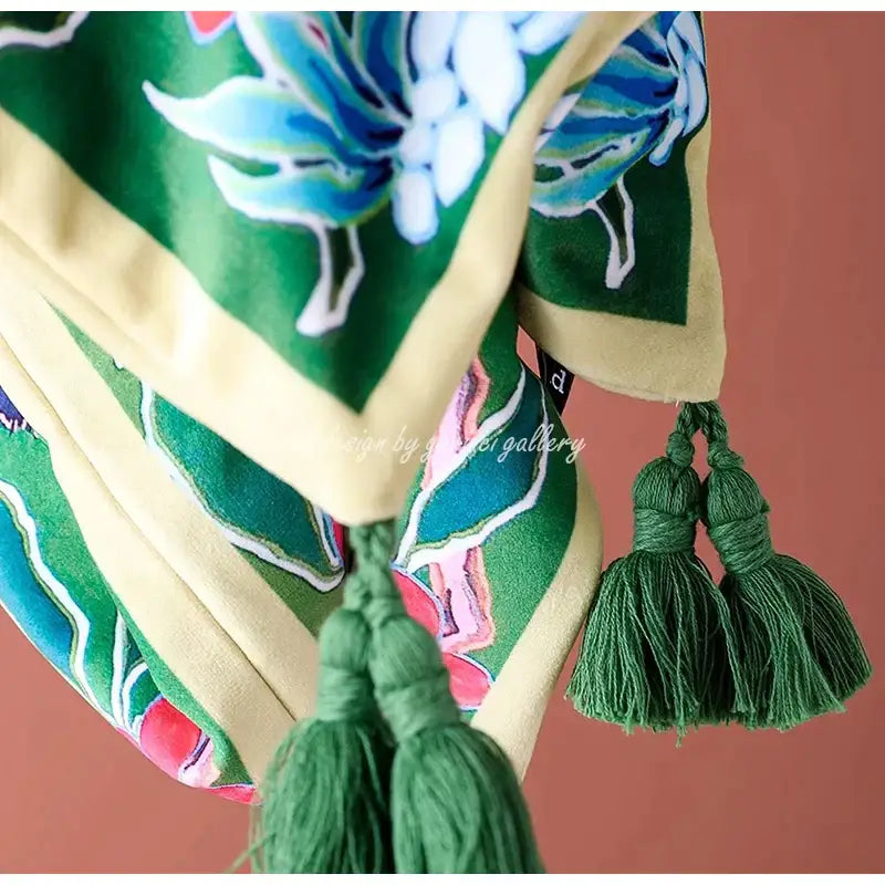Green silk scarf with blue and white floral embroidery cream borders and tassels for DecorBites chinoiserie zebra peonies cushion cover