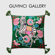 Green embroidered cushion cover with black-and-white zebra, pink peonies, red lattice, and green tassels by decorbites chinoiserie zebra