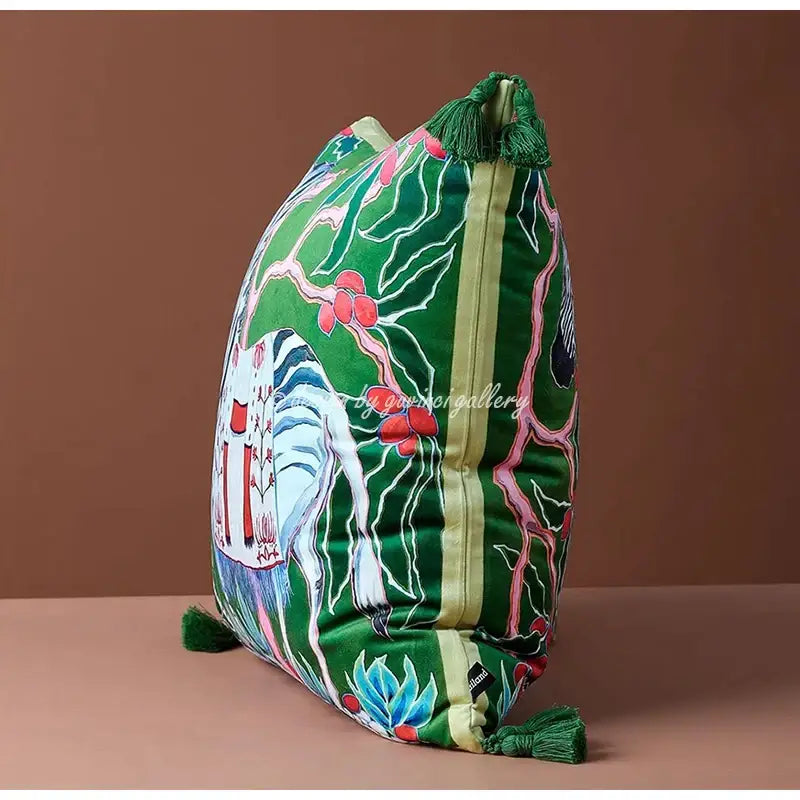 Green velvet decorbites chinoiserie zebra peonies cushion cover with vibrant botanical animal illustrations and tassels