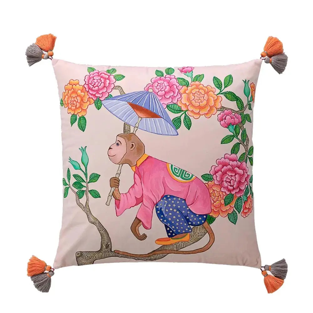 Pink cushion cover featuring a monkey illustration with umbrella and flowers from decorbites chinoiserie zebra peonies cushion cover