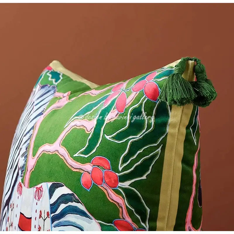 Vibrant green velvet decorbites chinoiserie zebra and peonies cushion cover with botanical print and tassel trim