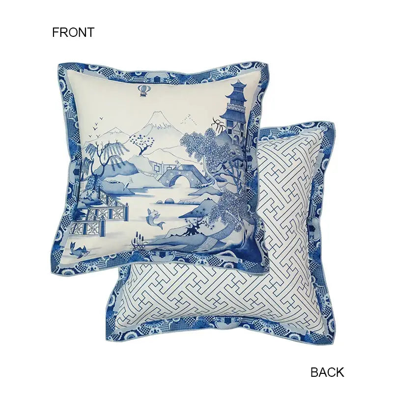 DecorBites™ chintz blue cobalt circular throw pillow covers with tassels feature blue and white traditional chinese landscape design