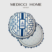 Decorbites chintz blue cobalt circular throw pillow cover with blue white embroidered pavilion design and black tassels