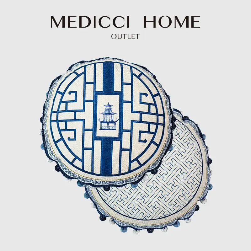 Decorbites chintz blue cobalt circular throw pillow cover with blue white embroidered pavilion design and black tassels