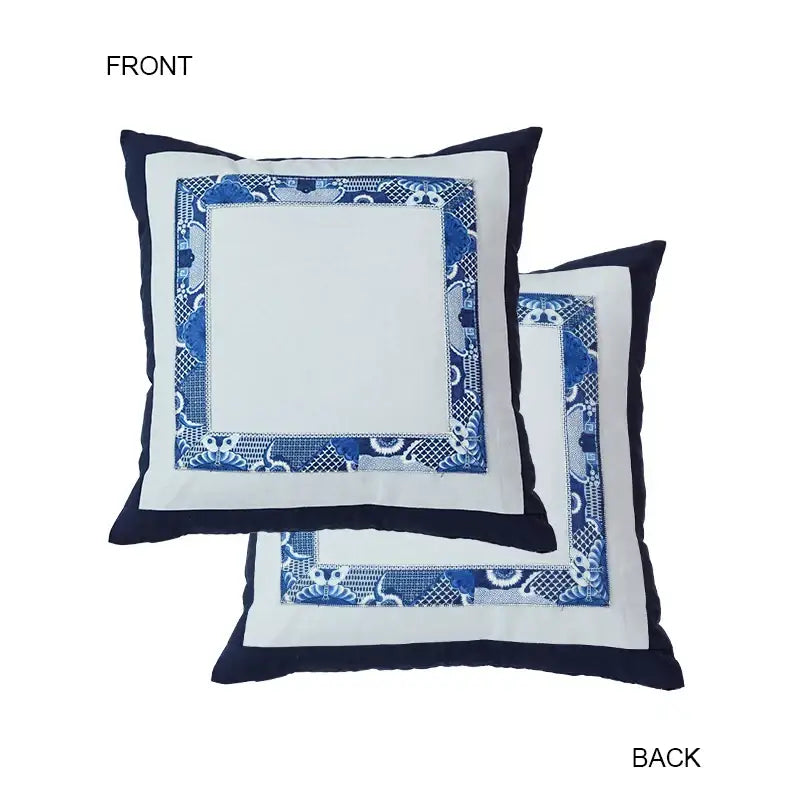Square pillow cover with white center, blue embroidered patterns, and navy border from DecorBites™ throw pillow covers