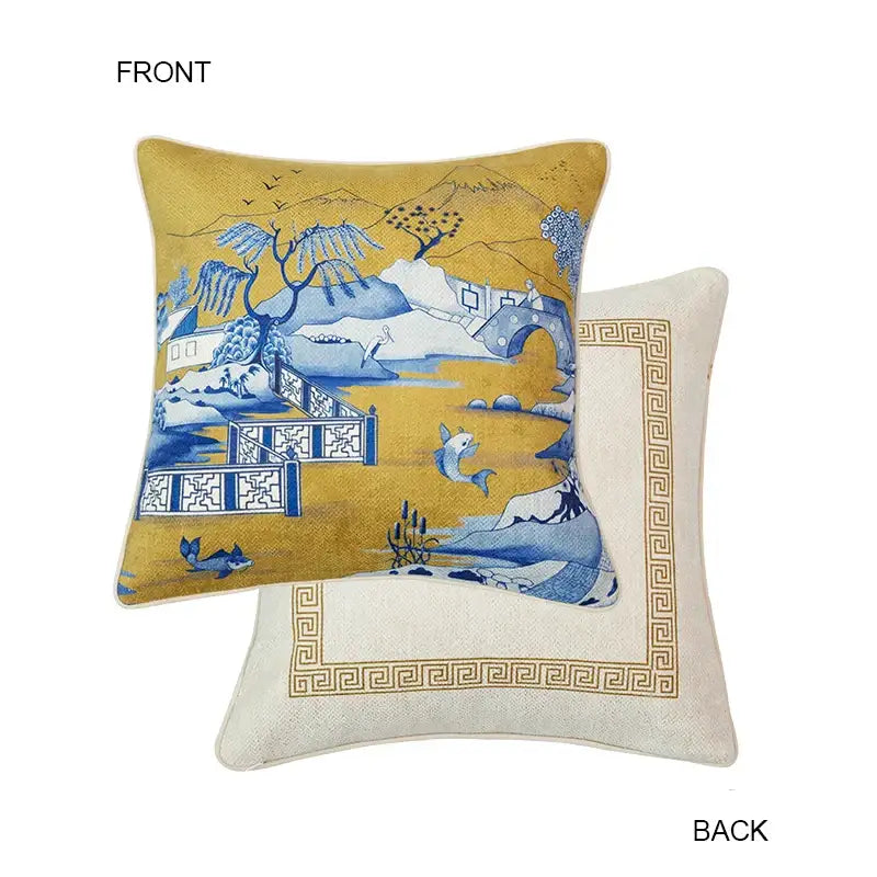 Decorbites™ chintz blue cobalt circular throw pillow covers feature a yellow background with blue traditional chinese design