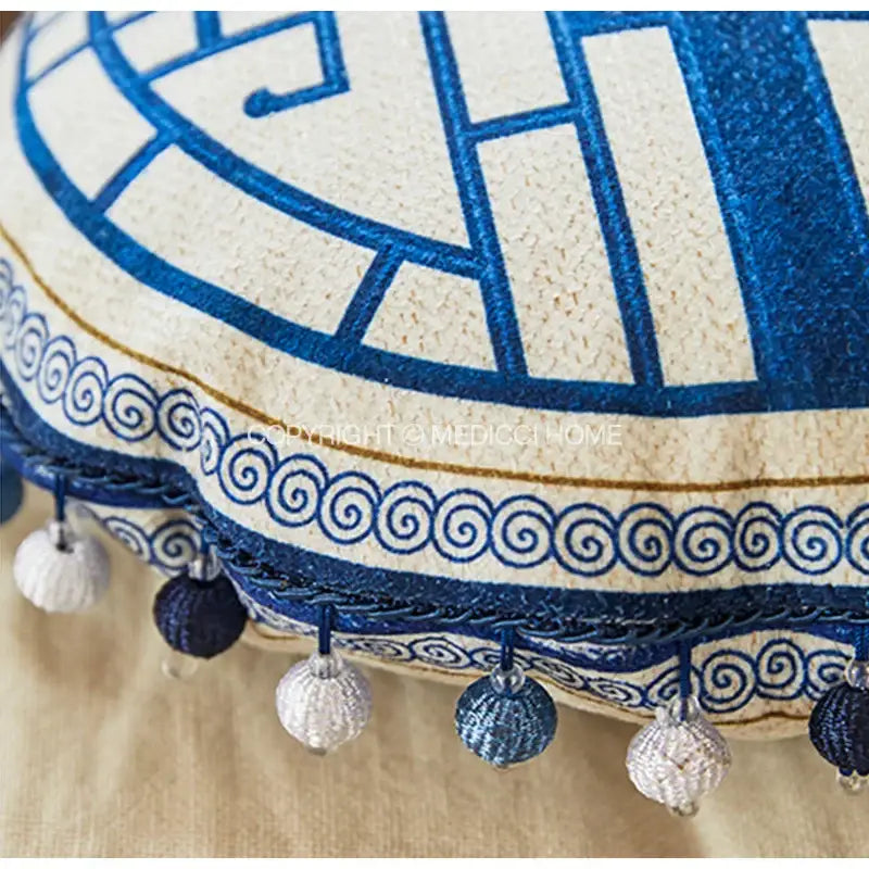 Decorbites chintz blue cobalt circular throw pillow cover with blue and cream embroidery and decorative tassels 35x35cm