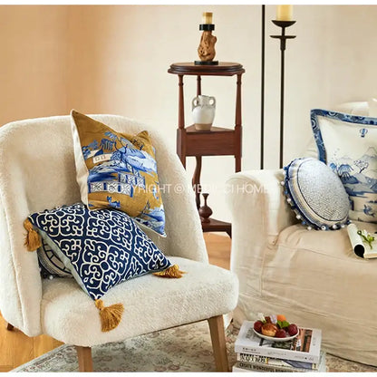Decorbites™ chintz blue cobalt circular throw pillow covers with blue and white pattern and gold tassels 35x35cm