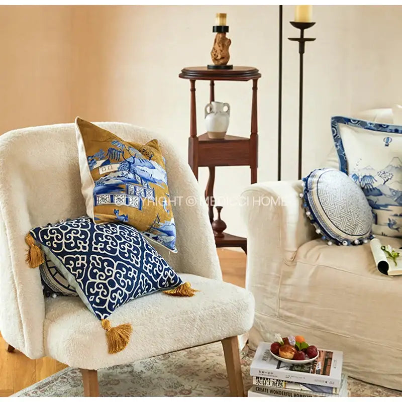 Decorbites™ chintz blue cobalt circular throw pillow covers with blue and white pattern and gold tassels 35x35cm