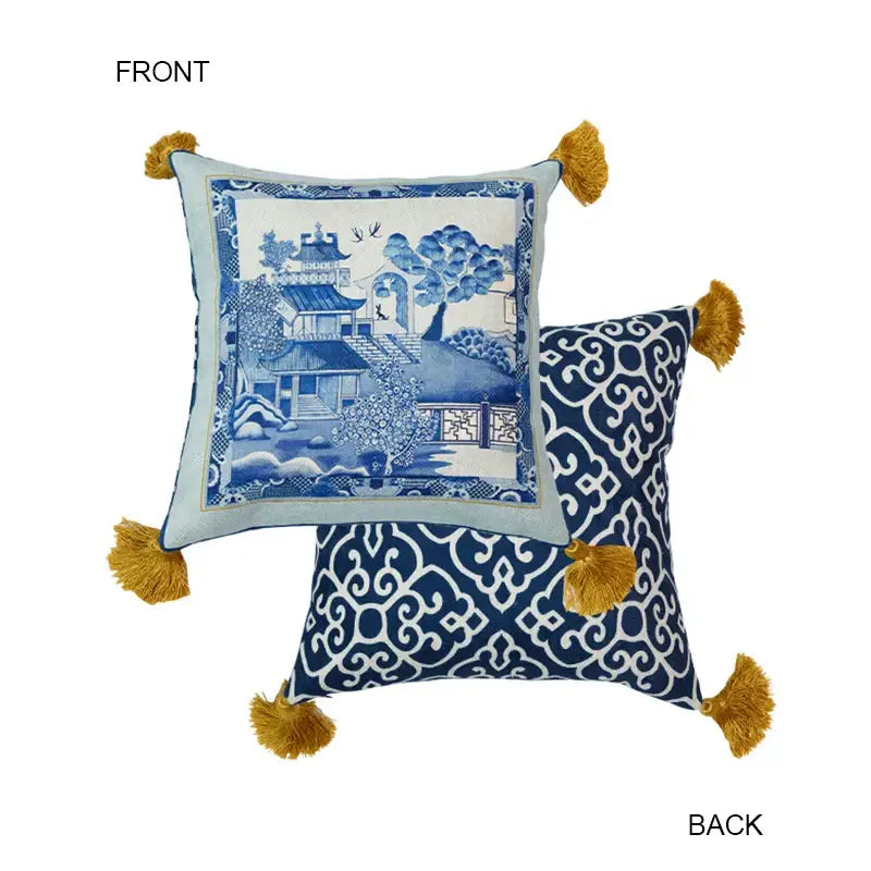 Decorbites chintz circular throw pillow cover with blue white chinese garden design and mustard yellow tassels