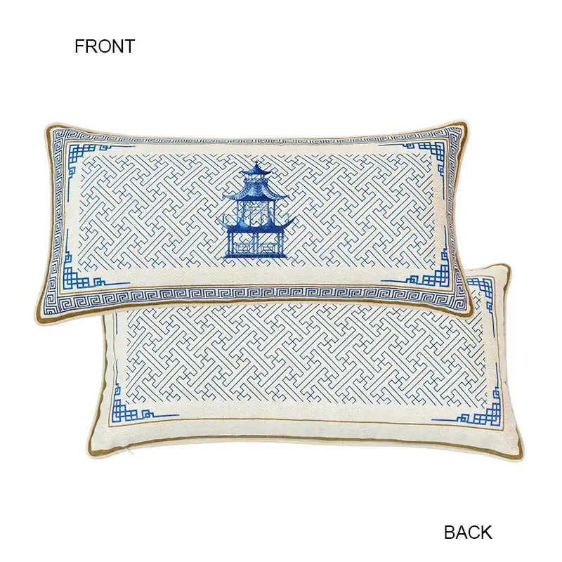 Rectangular cream pillow cover with blue geometric pattern and embroidered pagoda for decorative throw pillow covers