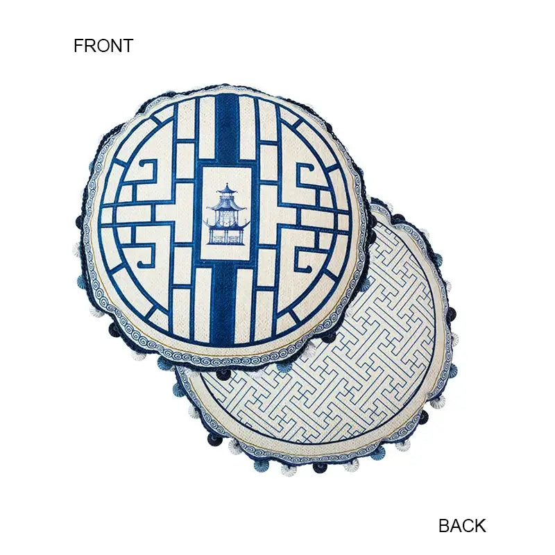 Decorbites chintz blue cobalt circular throw pillow cover with blue and white embroidered pagoda and dark pom-poms