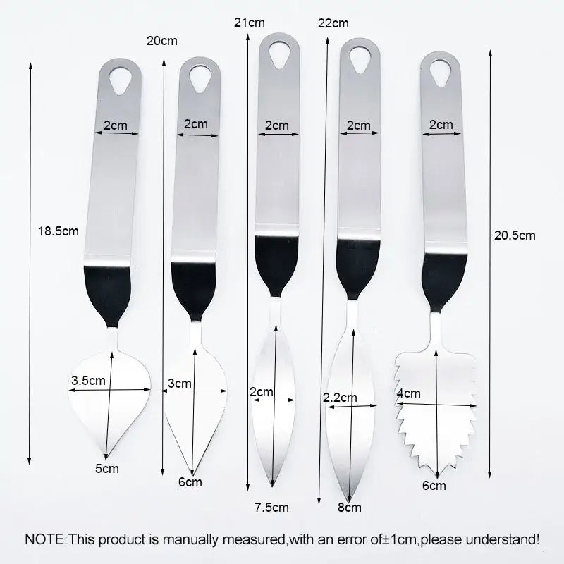 Set of five stainless steel decorbites chocolate leaf knife fondant tools with black silicone handles and varying blade shapes