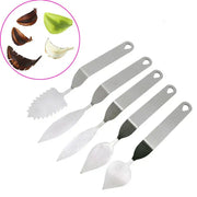 Set of five stainless steel garlic peeling tools with black handles featured in decorbites chocolate leaf knife fondant tool set