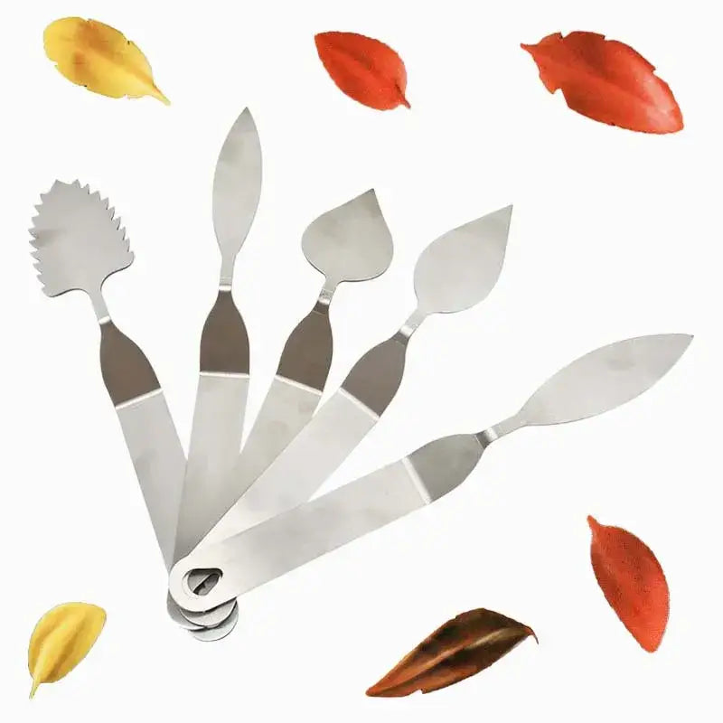 Set of five stainless steel decorbites chocolate leaf knives with varied blade shapes and shared circular handles for fondant