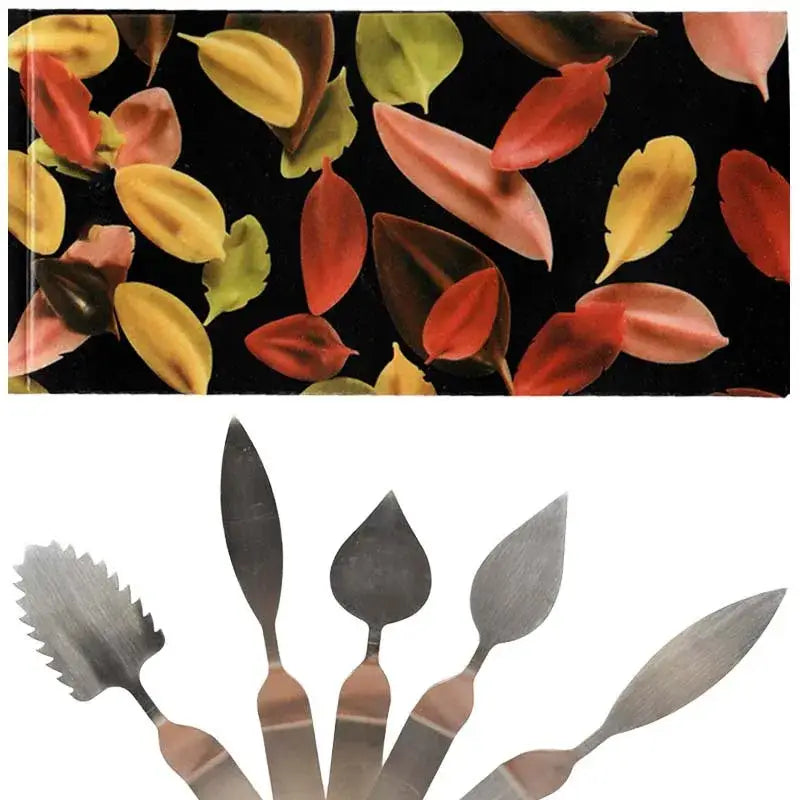 Set of five stainless steel decorbites chocolate leaf knives with copper-toned handles for fondant cake decoration