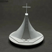 White plastic model of a modern christian church gypsum ornament with cross and central staircase by decorbites christian church