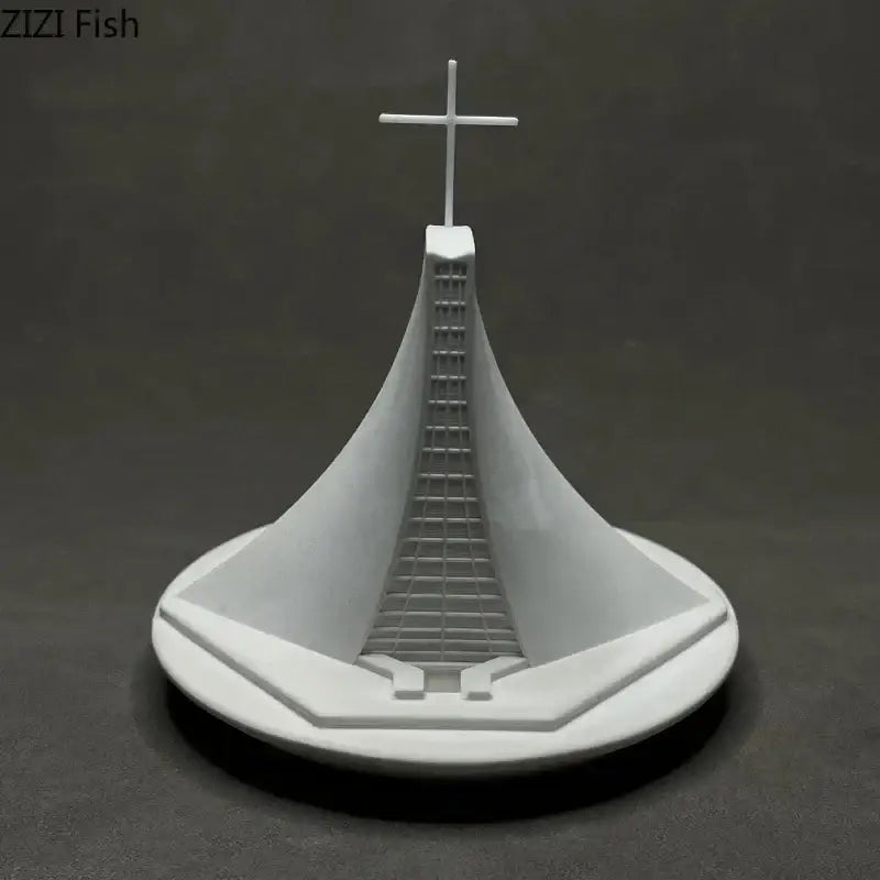 White plastic model of a modern christian church gypsum ornament with cross and central staircase by decorbites christian church