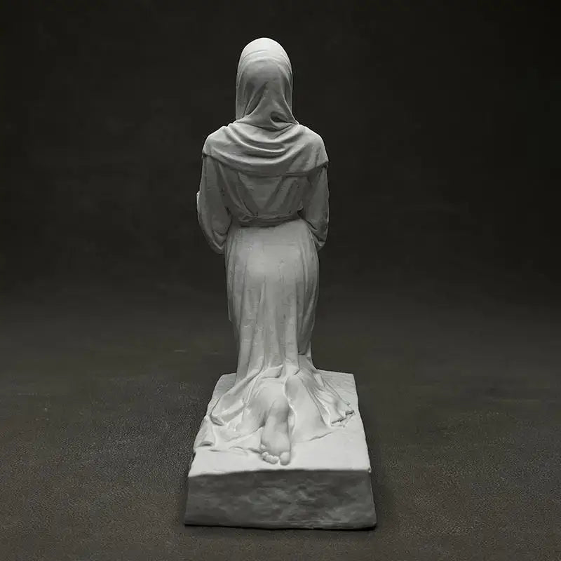 White marble christian pray sculpture featuring a hooded figure kneeling with clasped hands resin figurine decor