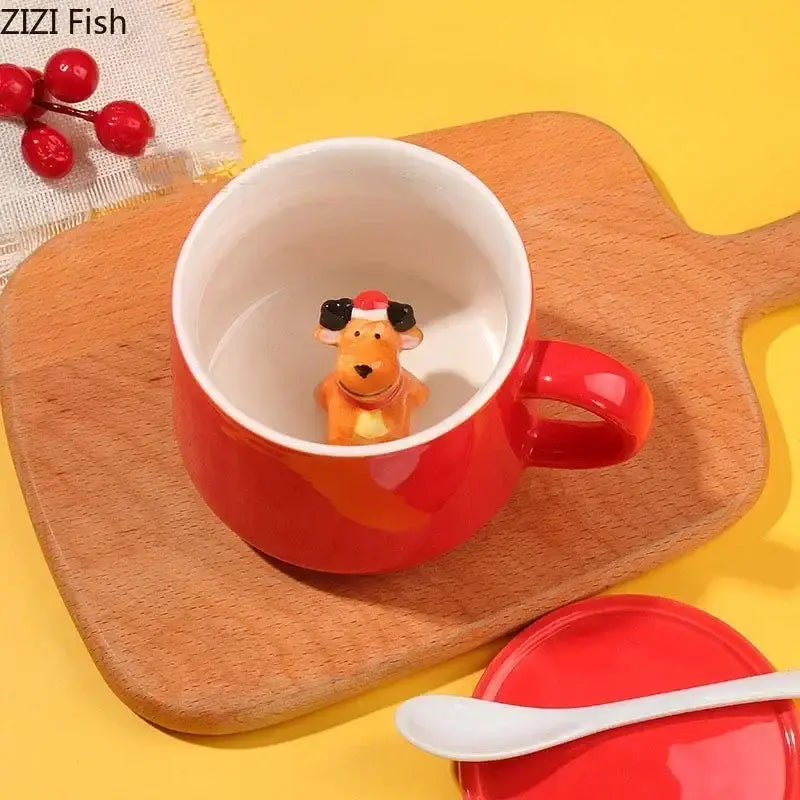 Red porcelain decorbites™ christmas animals ceramic tea cup with white interior and orange reindeer figurine inside