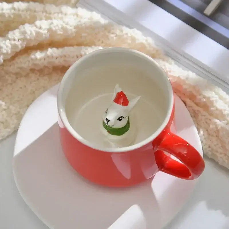 Decorbites™ christmas animals ceramic red porcelain mug with white interior featuring a small rabbit figurine