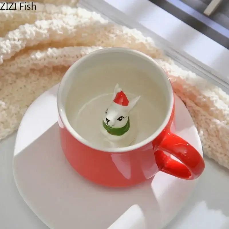 Decorbites™ christmas animals ceramic red porcelain mug with a white interior and a llama figurine inside