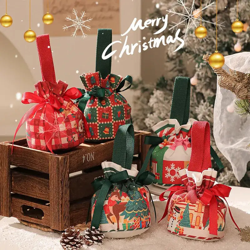 Decorbites christmas apple handheld plush gift bags in red and green with festive patterns and fabric handles for gifting