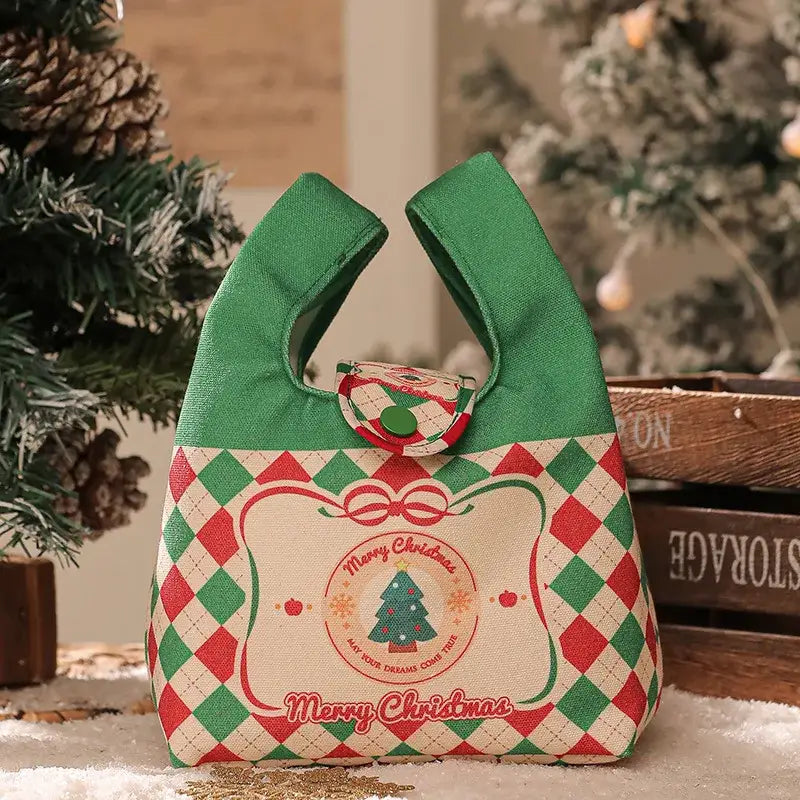Decorbites christmas apple gift bag green and red argyle canvas tote with merry christmas tree design for handheld use