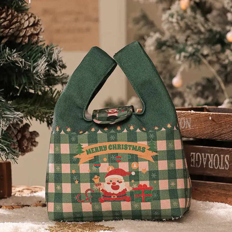 Decorbites christmas apple insulated lunch bag in green and pink plaid with santa claus design gift bag for holidays