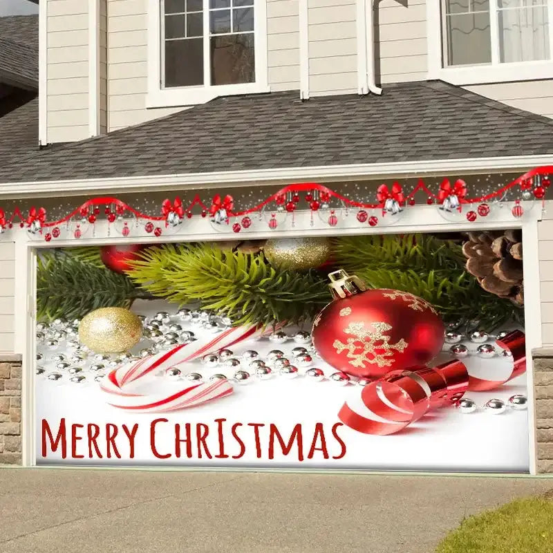 Red and gold decorbites christmas backdrop cloth featuring festive ornaments and merry christmas text for garage door decor