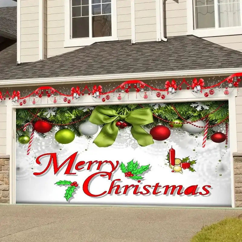 A festive white garage door decorated with decorbites christmas backdrop cloth featuring merry christmas design and ornaments