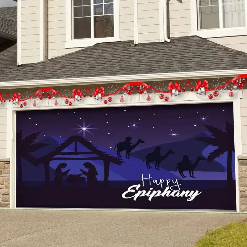 Decorbites christmas backdrop blue nativity scene garage door decal with red ribbon border festive christmas backdrop cloth