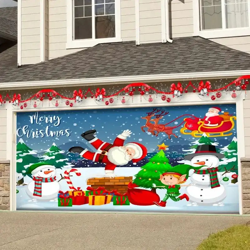 Decorbites christmas backdrop cloth featuring santa claus snowmen elf and sleigh for festive garage door decor