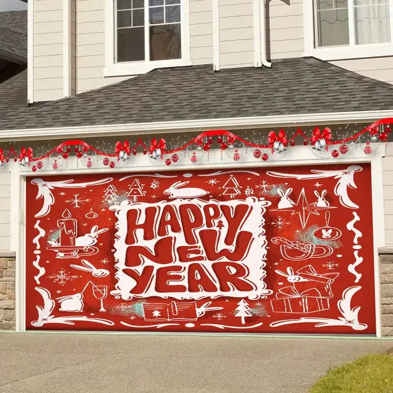 Red happy new year garage door cover with white festive illustrations and garland in decorbites christmas backdrop cloth