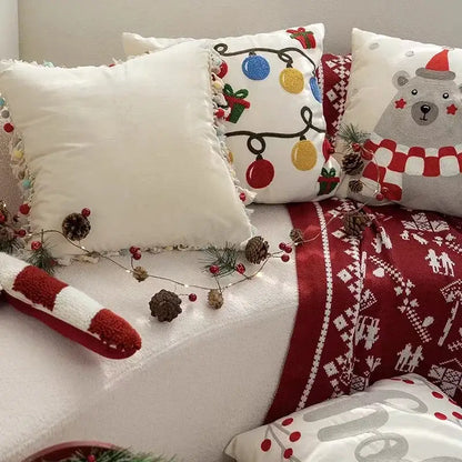 White decorbites christmas bell pillow cover with embroidered festive lights and red berries for holiday decor