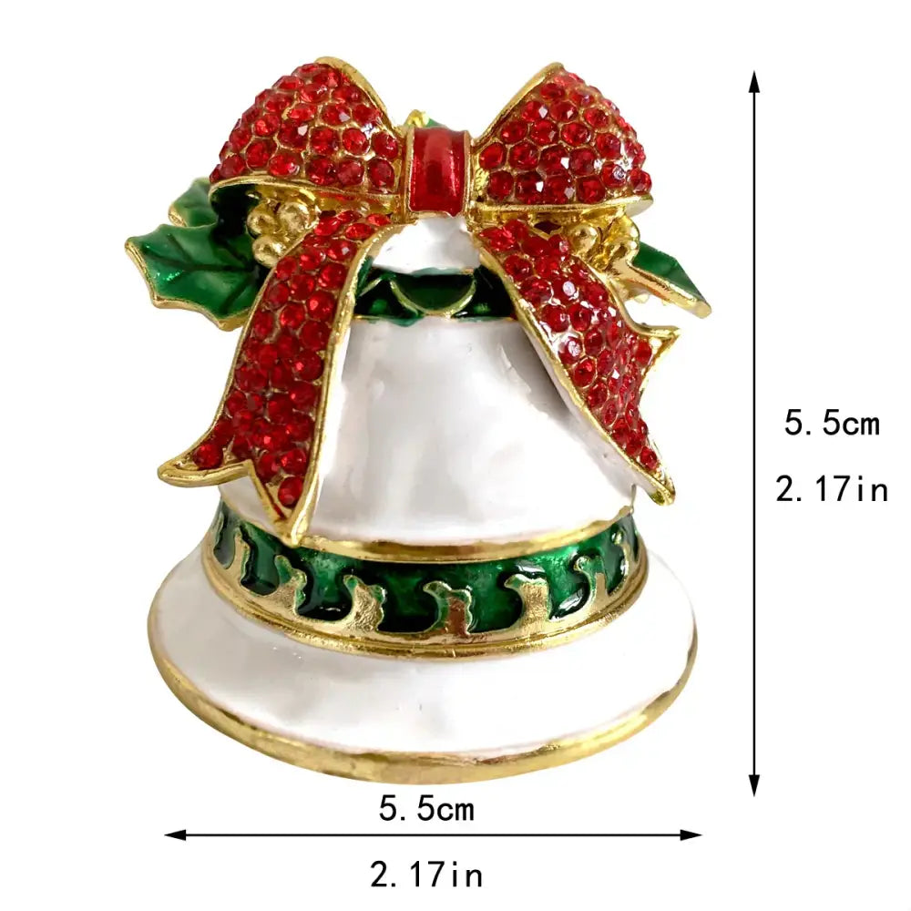 Decorbites™ christmas bell trinket box in white enamel with red rhinestone bow and gold-trimmed green holly leaves