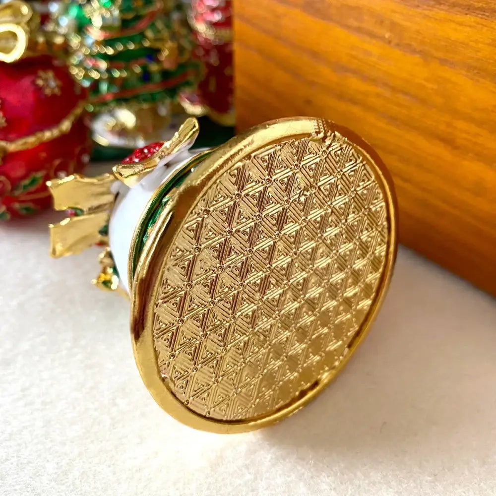 Decorbites™ christmas bell trinket box with gold-plated diamond pattern and green enamel accents for jewelry storage