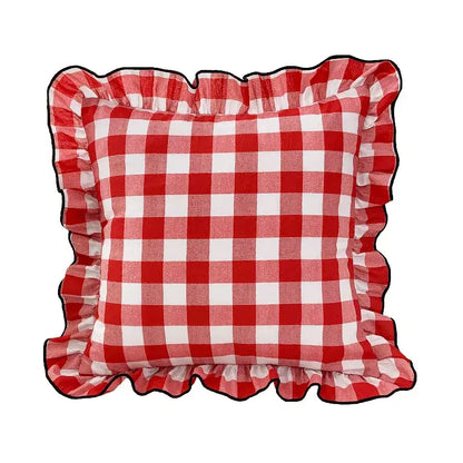 Red and white gingham pillow with ruffled edges part of decorbites christmas bow patchwork velvet cover set