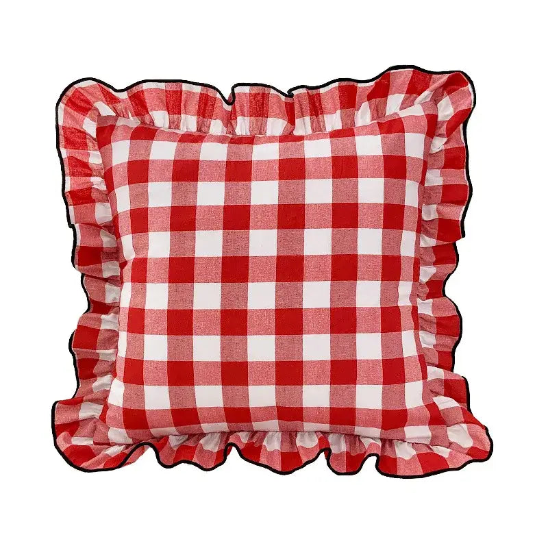 Red and white gingham pillow with ruffled edges part of decorbites christmas bow patchwork velvet cover set